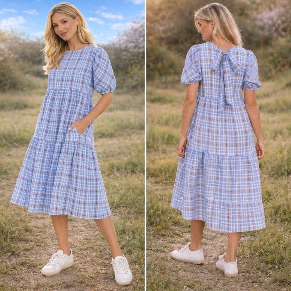 English Factory Blue Gingham Bow Midi Dress Cottagecore Prairie NWT S